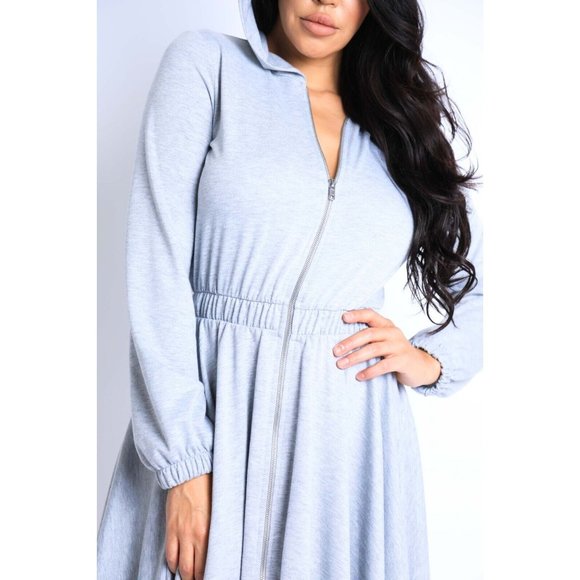 Women's Long Sleeves Hooded Drape Dress Full Zipper Dress Jacket Dress - Picture 2 of 15